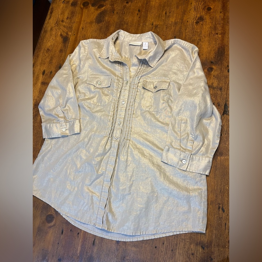 Shimmery Gold Button Up Women’s Top- Chico’s